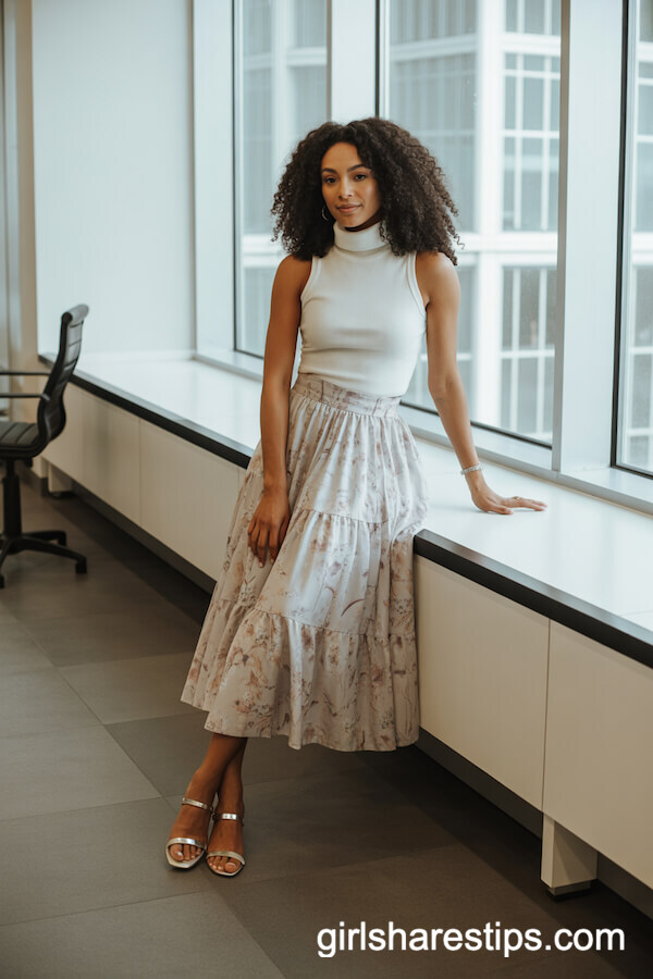 Flowy Floral A-Line Skirt with Ivory Turtleneck
