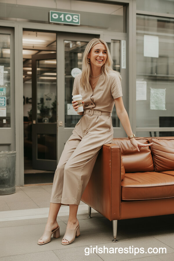 Light Tan Belted Jumpsuit