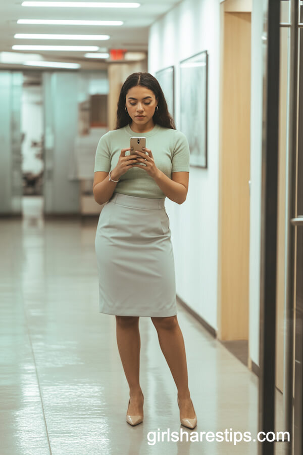 Light Grey Pencil Skirt with Pastel Green Sweater