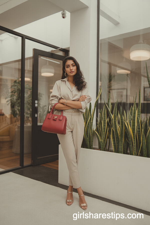 All-Beige Outfit with Bold Red Handbag
