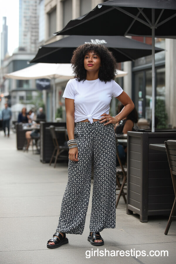 Black-and-White Palazzo Pants with White Tee