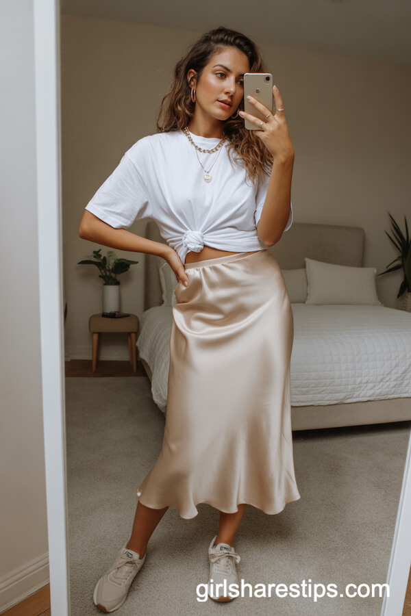 Champagne Satin Slip Midi Skirt and White Tee with Neutral Trainers