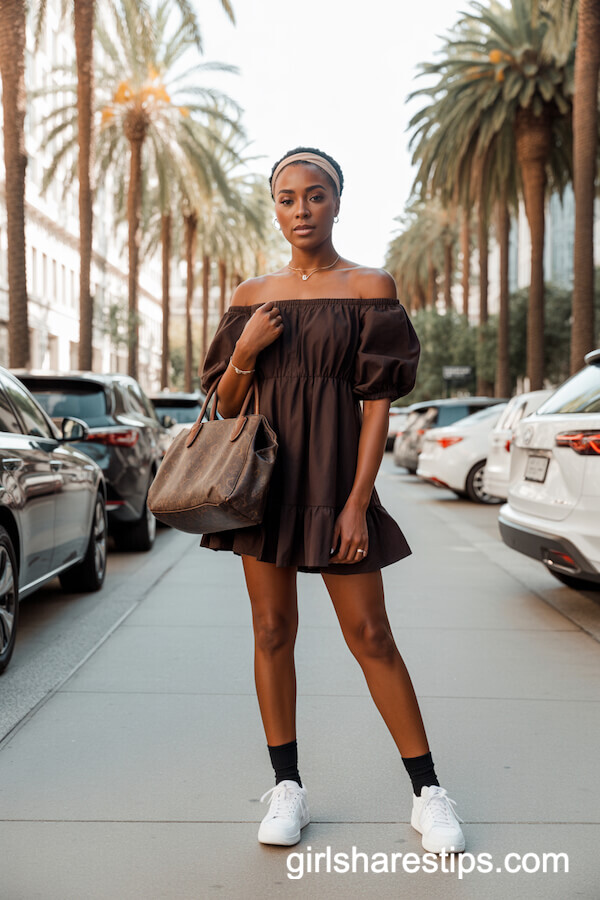 Dark Brown Off-Shoulder Mini Dress with White Sneakers