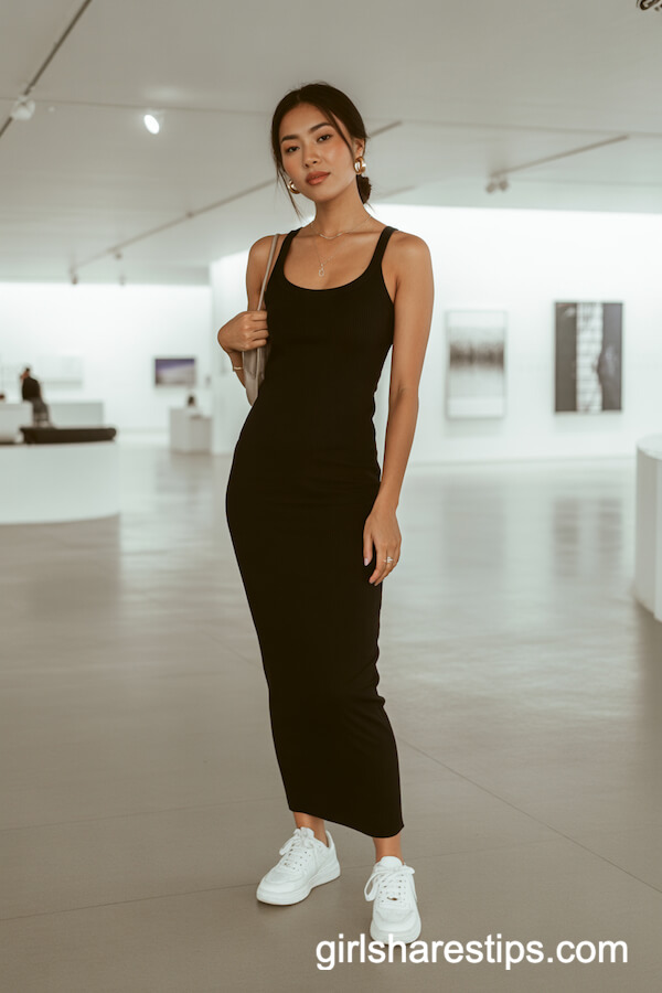 Slim-Fit Black Tank Maxi Dress White Sneakers