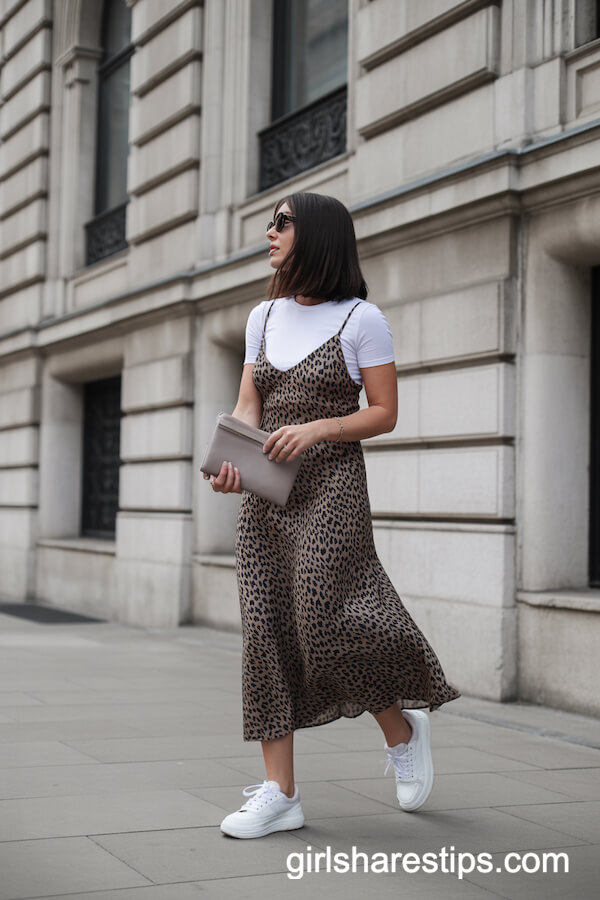 Leopard Print Slip Dress White T-Shirt with Classic Sneakers