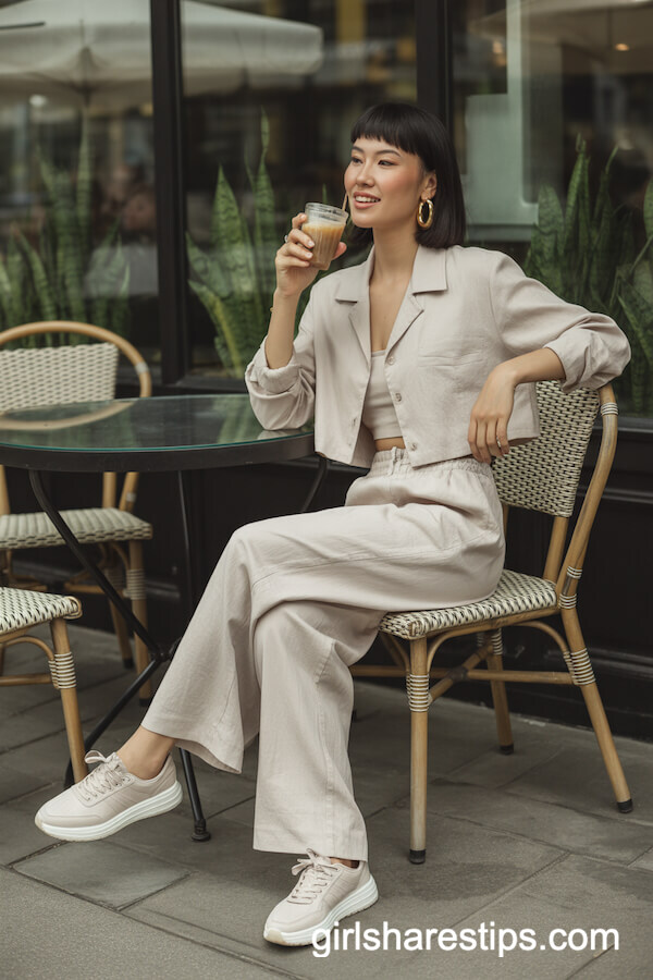 Beige Linen Two-Piece Set with Minimalist Sneakers