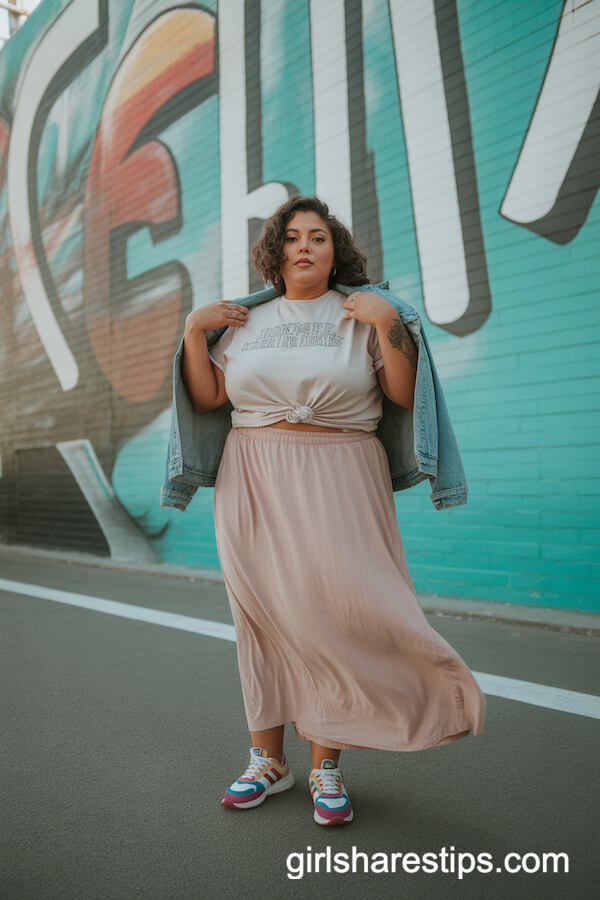 Pastel Pink Maxi Skirt and Graphic Tee with Retro Sneakers