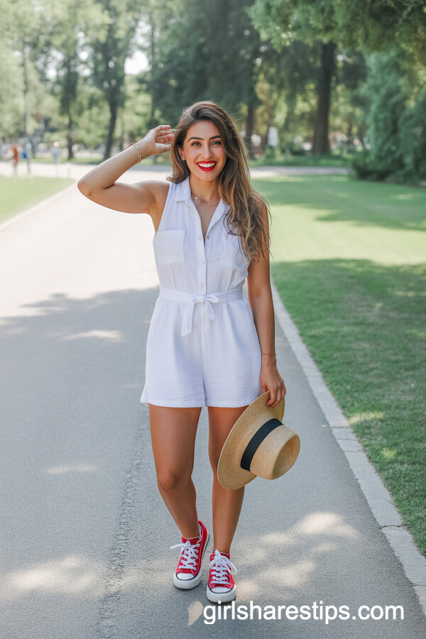 Crisp White Romper Bold Red Sneakers