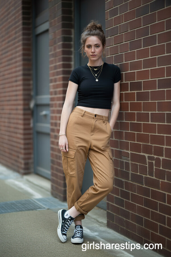Fitted Black Crop Top and Tan Cargo Pants with Converse