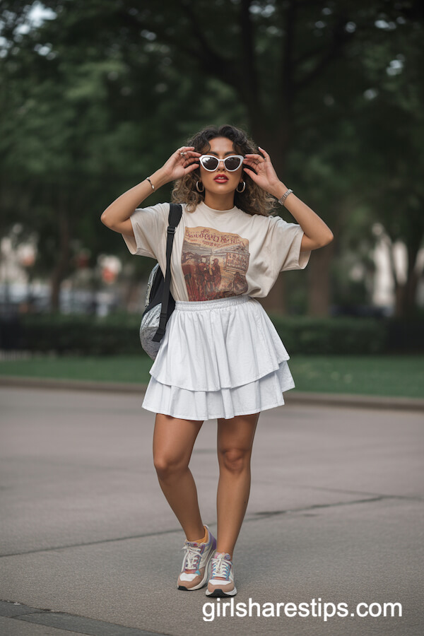 Layered White Mini Skirt Vintage Graphic Tee Colorful Sneakers