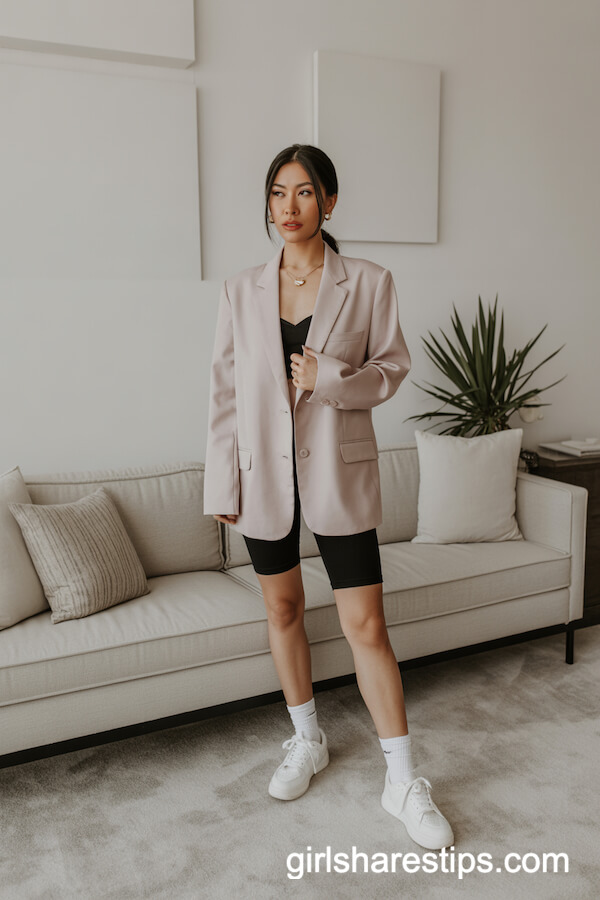 Oversized Pastel Blazer and Black Bike Shorts with Dad Sneakers