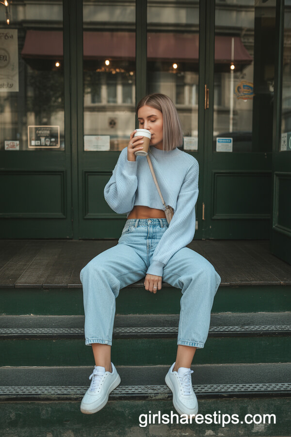 Light Wash Mom Jeans and Pastel Blue Cropped Sweater with White Sneakers