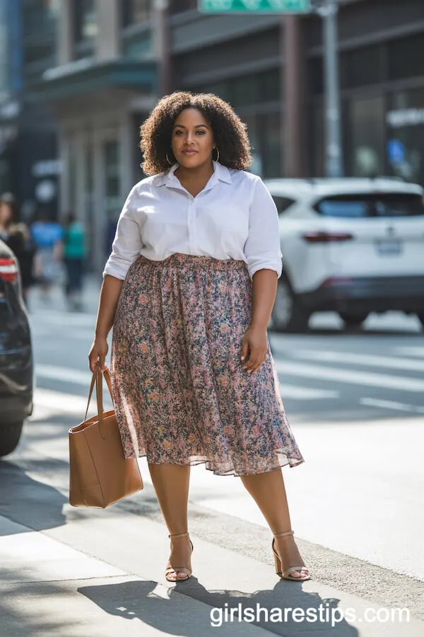 White Button-Up Blouse with a Colorful Printed Midi Skirt