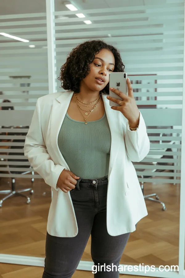 White Blazer Over Sage Green Tank and Dark Skinny Jeans
