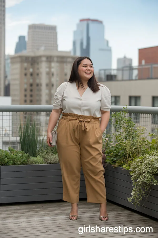 Mustard Paperbag Waist Pants and White Fitted Blouse
