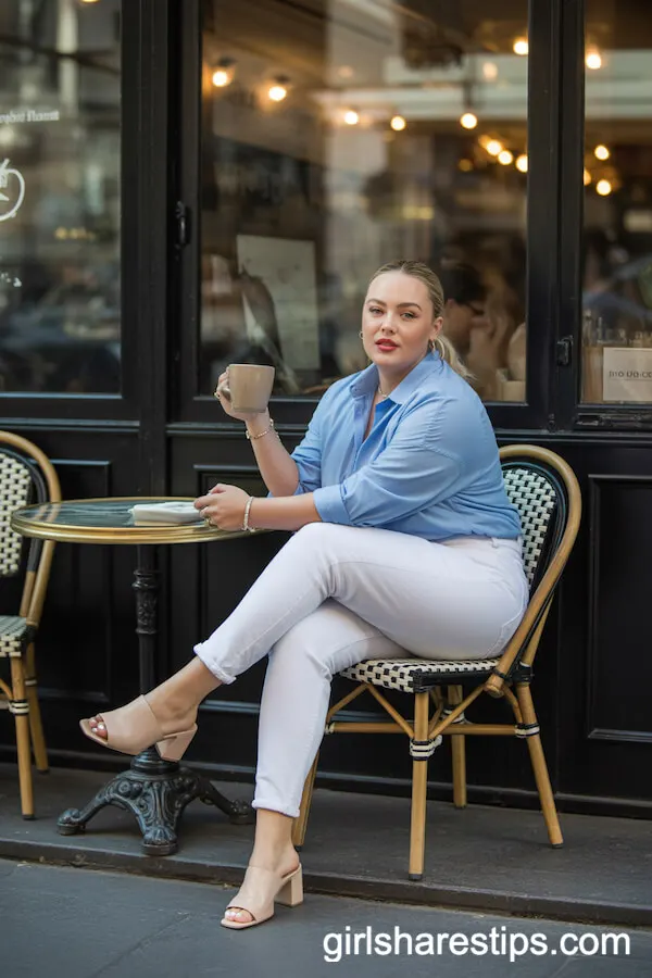 Light Blue Button-Down Shirt with White High-Rise Jeans