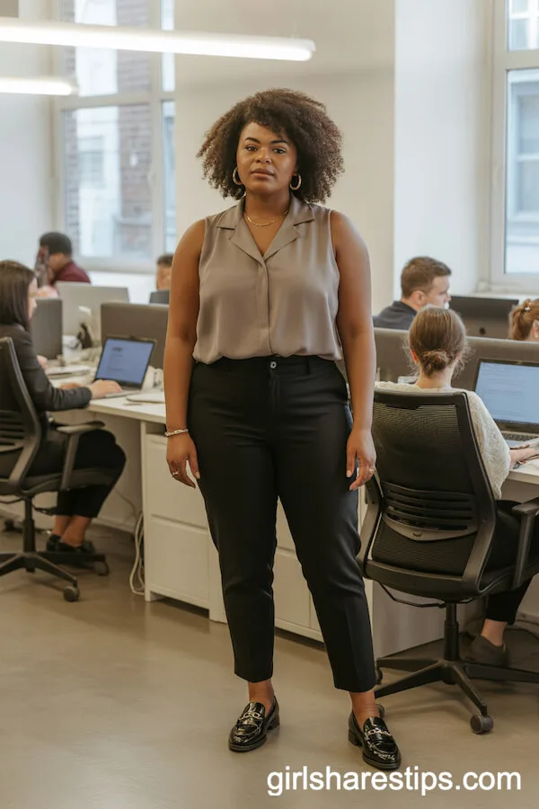Sleeveless Taupe Blouse with Slim Black Trousers