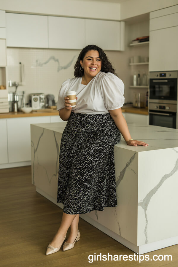 Polka Dot Midi Skirt and Puff-Sleeve White Top