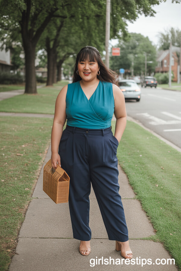 Sleeveless Teal Wrap Top with Navy High-Waisted Trousers