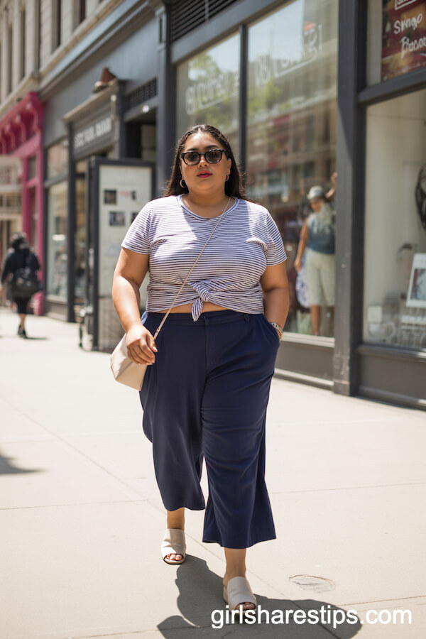 Striped T-Shirt and Navy Culotte Pants on a Sunny Walk