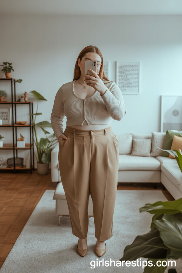 Cropped Cardigan Over Camisole with Tapered Beige Trousers