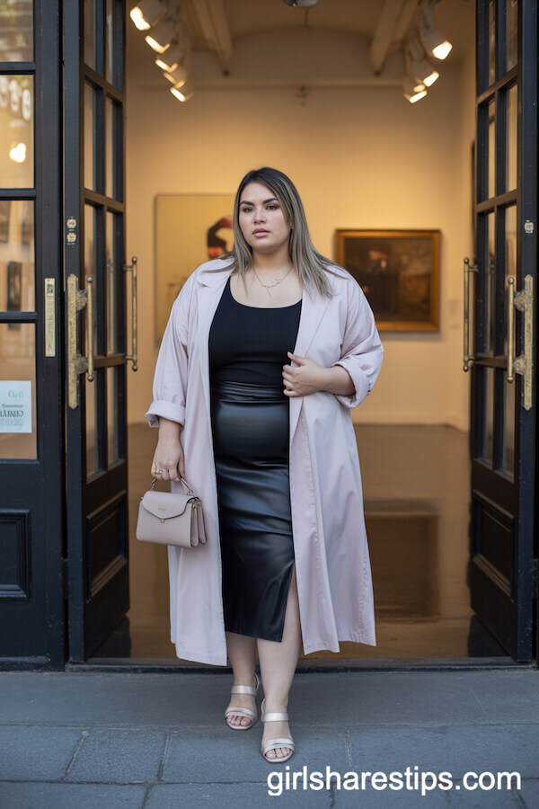 Pastel Duster Coat Layered Over Black Tank and Midi Skirt