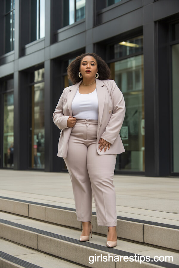 Soft Pastel Suit with White Scoop Neck Top and Nude Heels