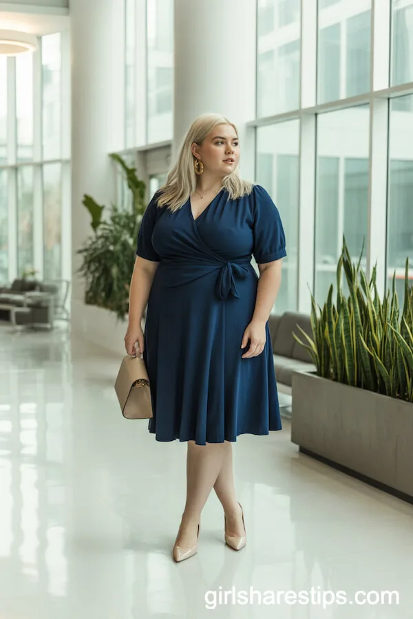 Navy Blue Wrap Dress with Nude Heels for the Office