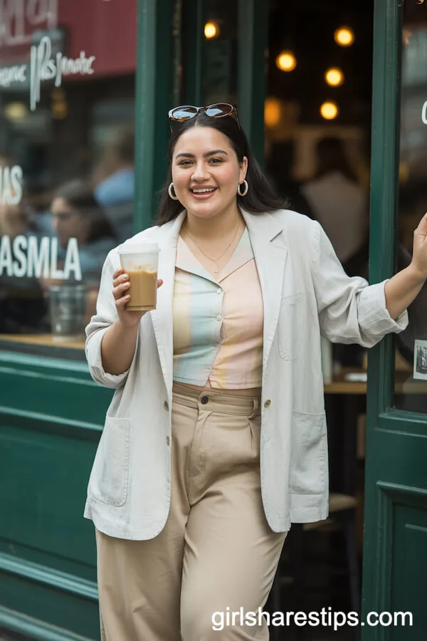 Light Linen Blazer, Pastel Blouse, Cropped High-Waisted Trousers