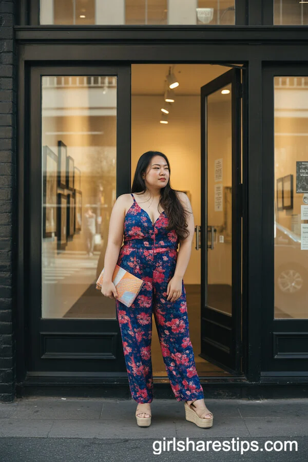 Vibrant Floral Jumpsuit and Wedges for a Gallery Outing