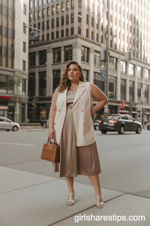 Neutral Midi Dress Layered with a Cream Double-Breasted Vest