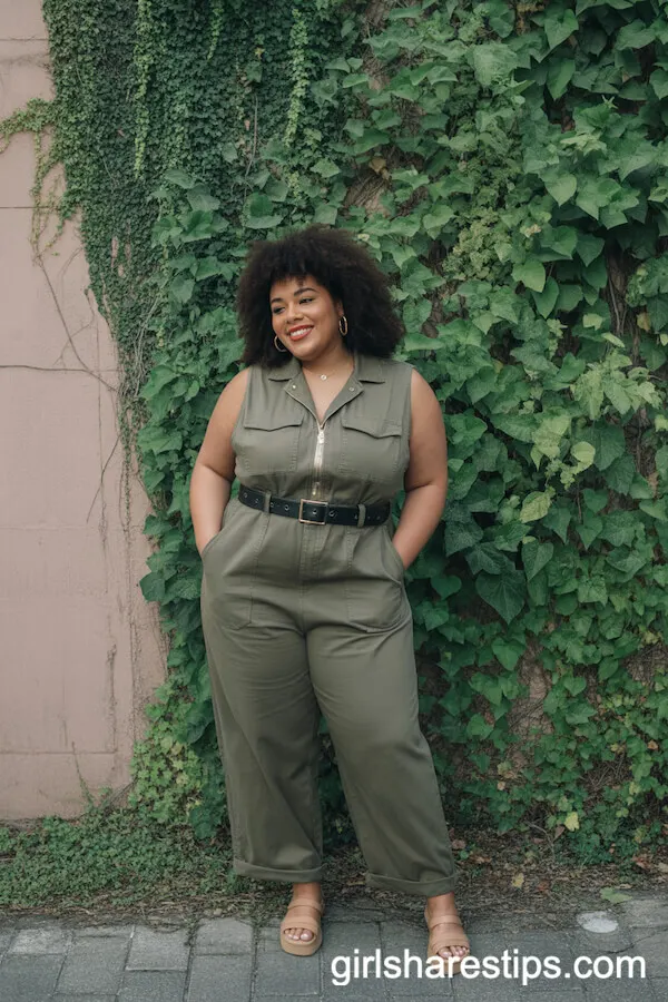 Sleeveless Olive Green Utility Jumpsuit with Tan Sandals