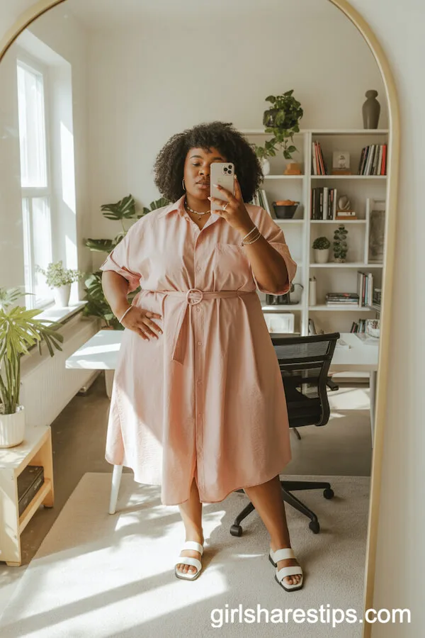 Soft Pink Belted Shirt Dress with White Sandals in a Home Office