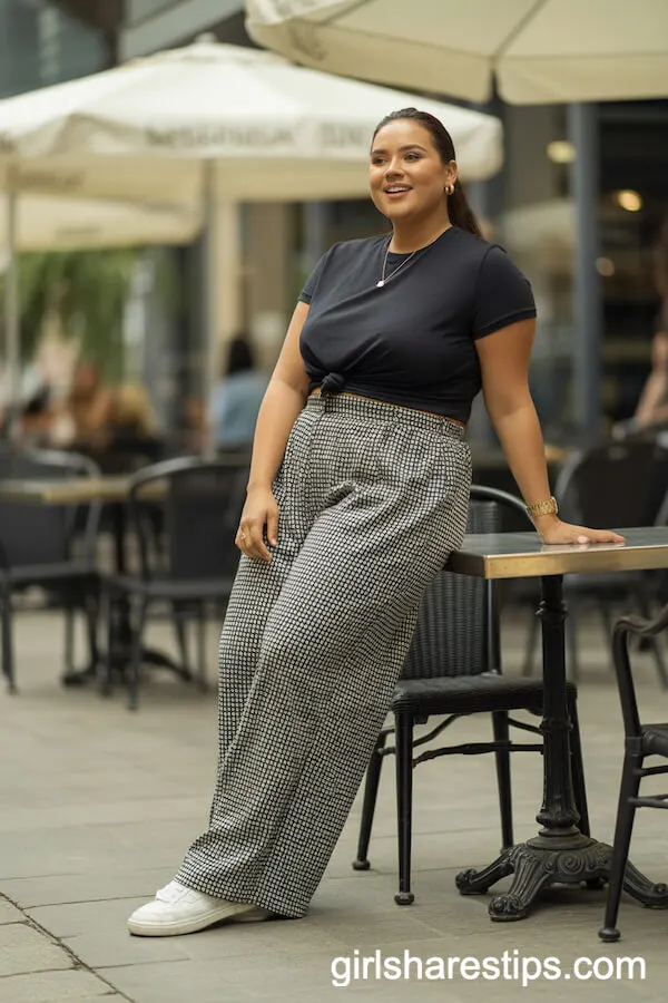 High-Waisted Patterned Wide-Leg Pants and Black Tee