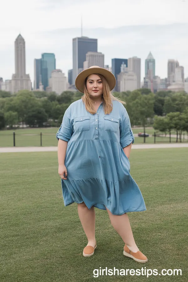 Breezy Chambray Dress with Tan Espadrilles and Straw Hat