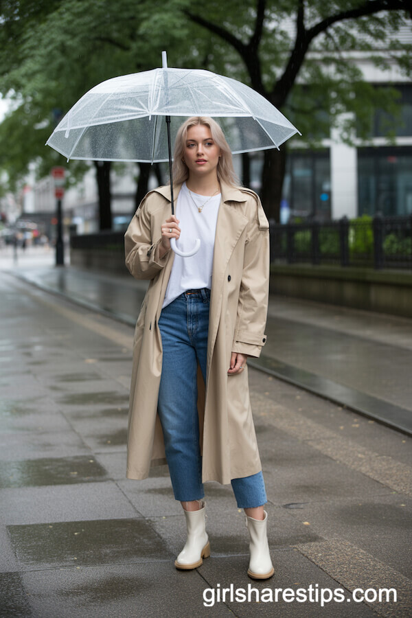 Chic Trench Coat and Cropped Jeans with Rain Boots