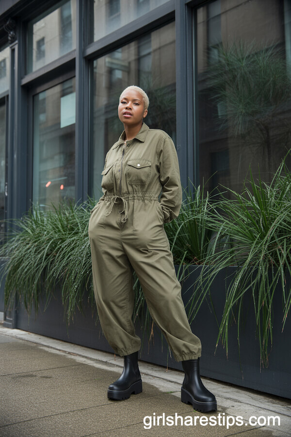 Olive Utility Jumpsuit with Black Platform Rain Boots