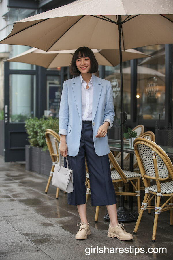 Light Blue Blazer and Navy Culottes for Business-Casual Rainy Days