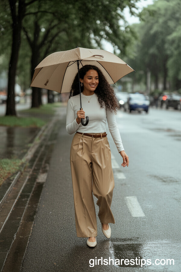Cream Long Sleeve with Tan Wide-Leg Trousers and Rain Flats