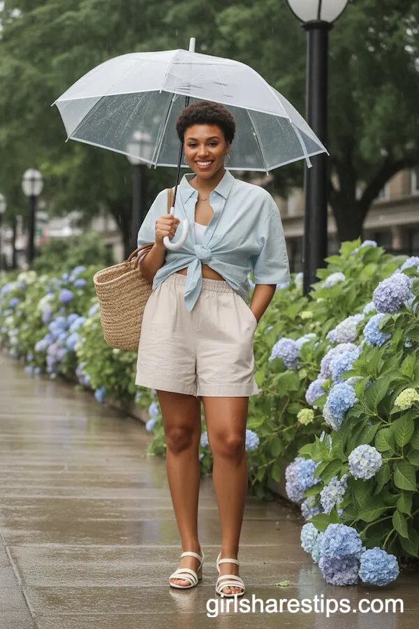 Linen Shorts and Pastel Shirt with Strappy Sandals for a Summer Rain Look