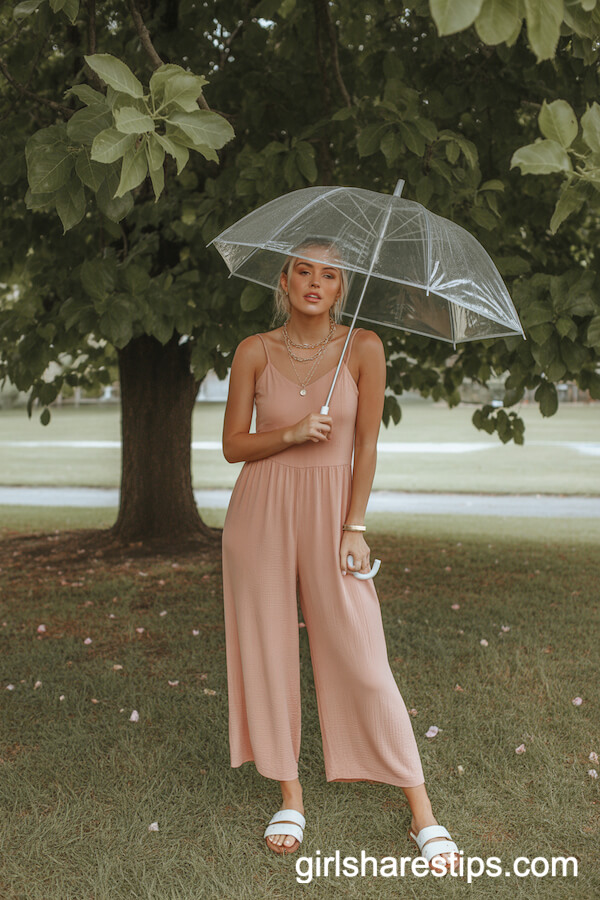 Coral Summer Jumpsuit and White Slides for a Rainy Day
