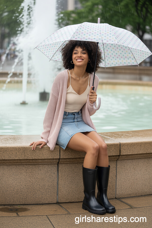 Denim Mini Skirt and Lightweight Knit Cardigan with Rain Boots