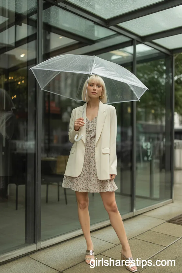 Minimalist Mini Floral Dress with Oversized Blazer and Block Heels