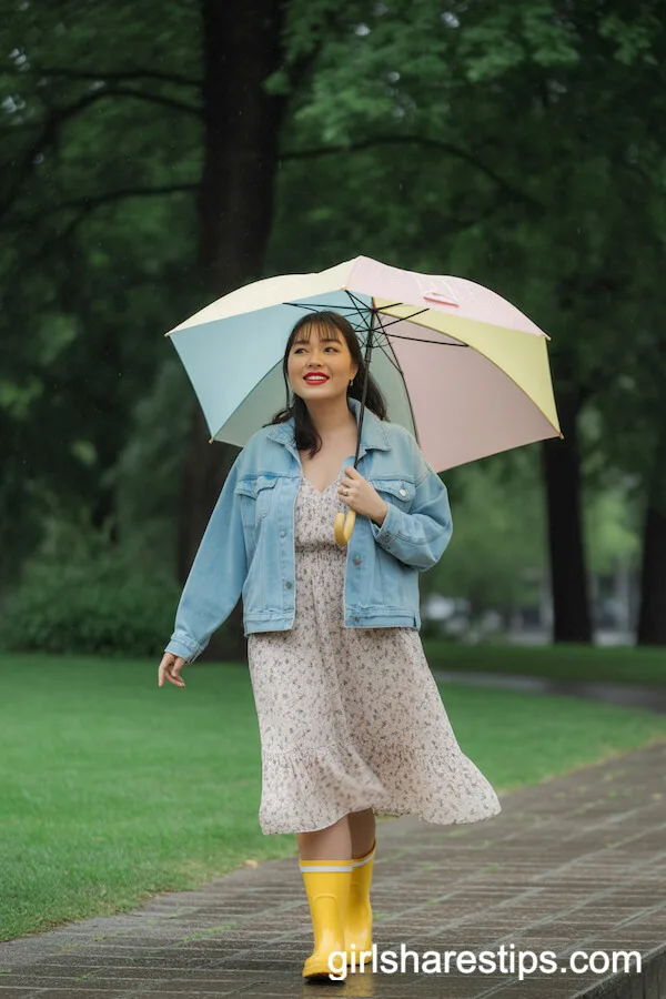 Floral Dress and Denim Jacket with Bright Rain Boots