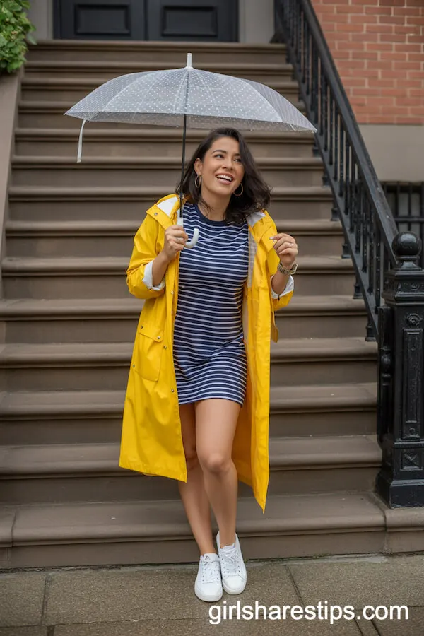 Yellow Raincoat Over a Striped Dress for Playful Rainy Days