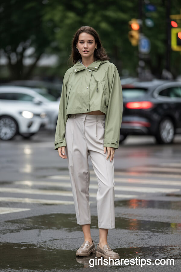 Sage Green Cropped Raincoat and Tailored Pants Street Style