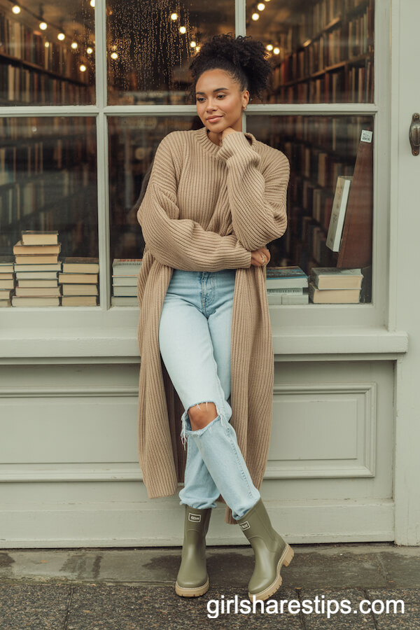 Cozy Long Sweater and Jeans with Olive Rain Boots