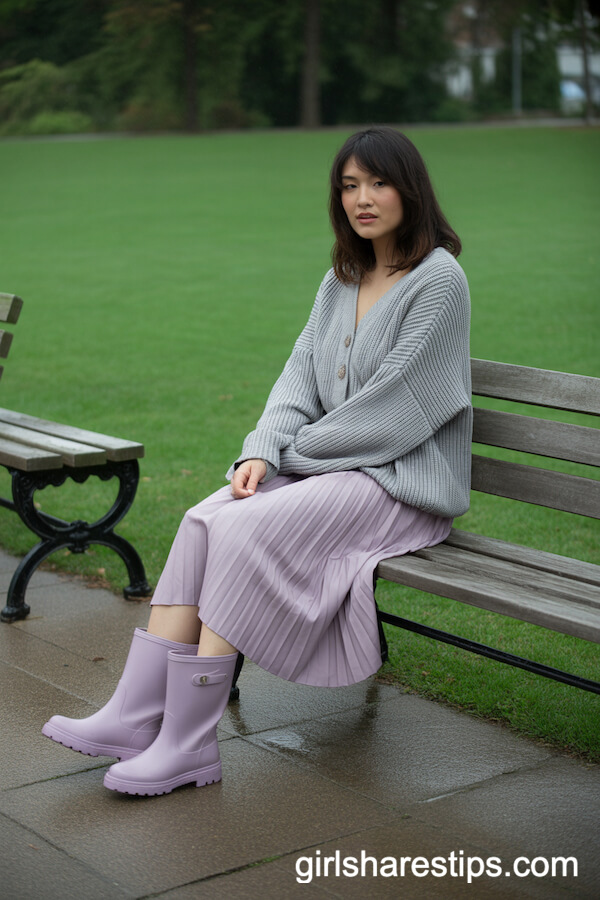 Chunky Cardigan and Pleated Midi Skirt with Lavender Rain Boots