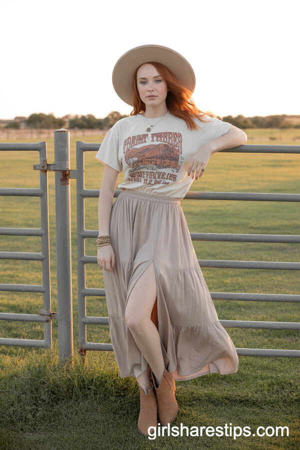 Vintage Western Graphic Tee with Beige Maxi Skirt