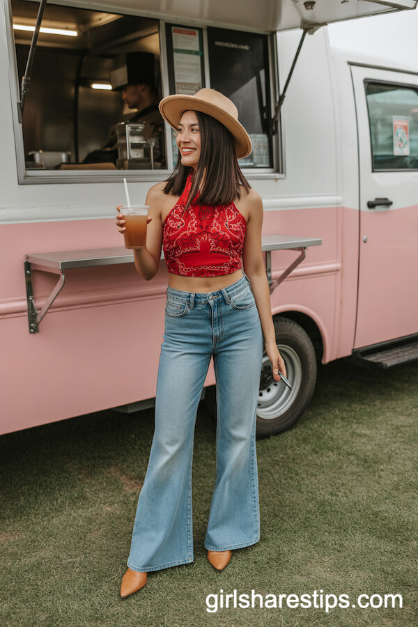 Red Bandana Print Crop Top with Flared Jeans